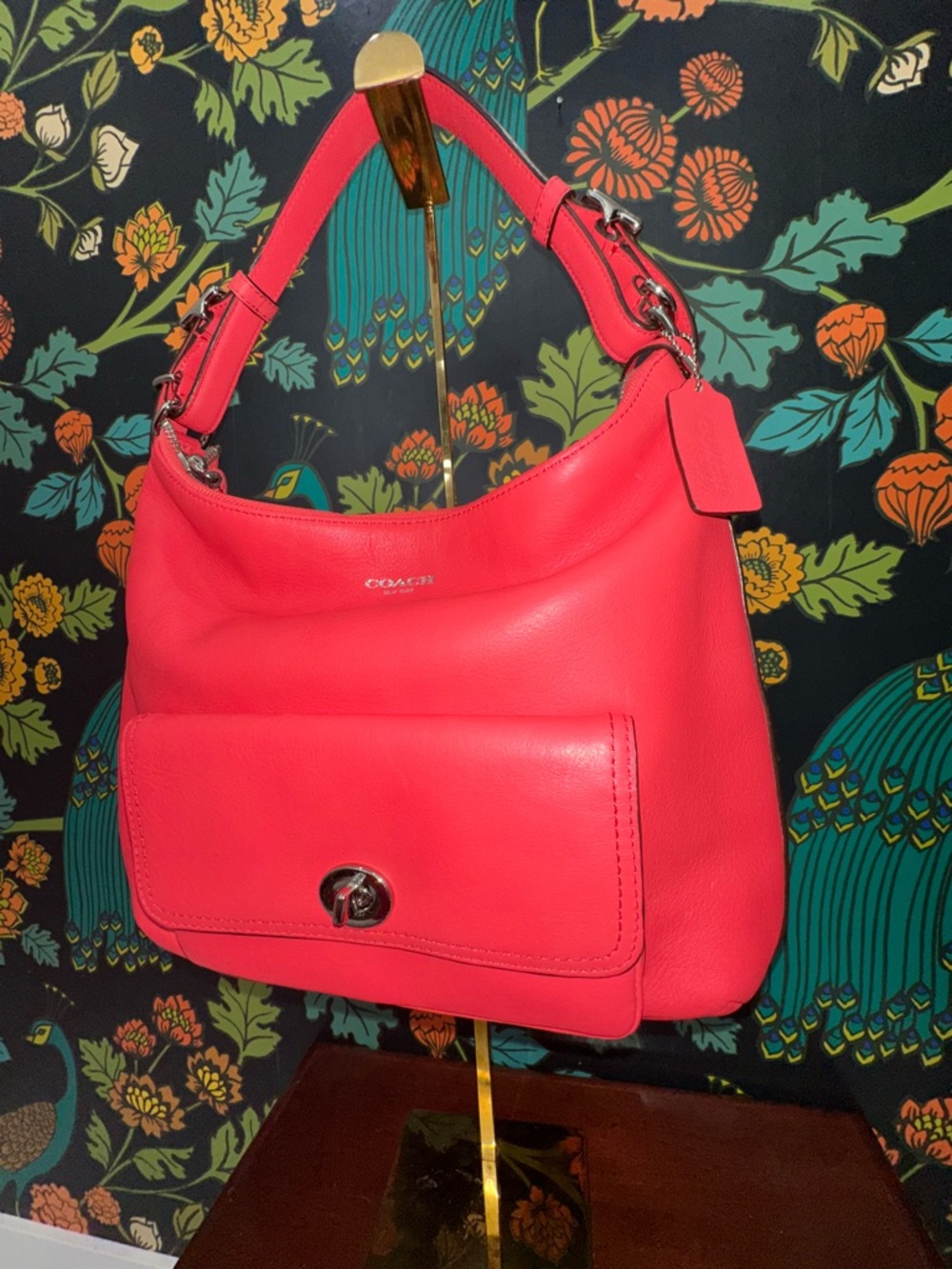 Coach Coral Red Leather Hobo Bag Turnlock Pocket Crossbody Strap Tassel 2012 - Picture 4 of 11